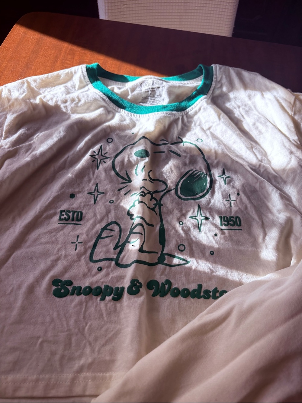 Peanuts White Tee with Green Ringer and Green Print